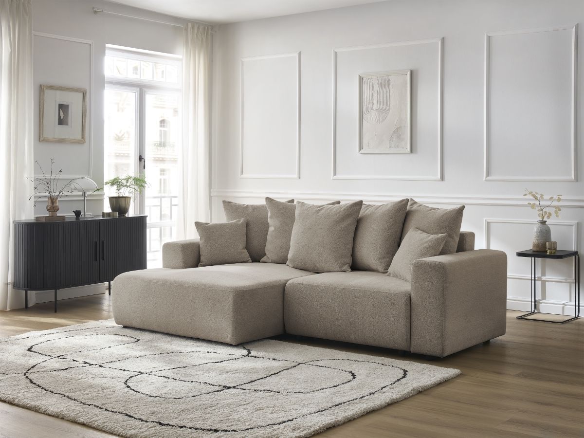 Bobochic Atilla Ecksofa mit Schlaffunktion und Bettkasten Melange-Stoff Taupe Ecke links