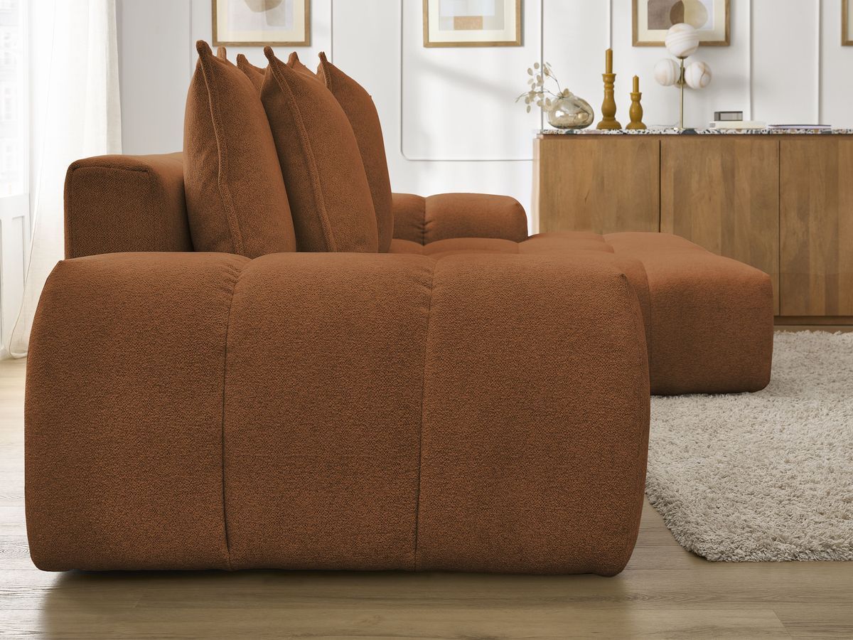 Bobochic Everest Ecksofa mit Schlaffunktion und Bettkasten 318 × 180 cm, 7 Kissen Melange-Stoff Orange Ecke rechts