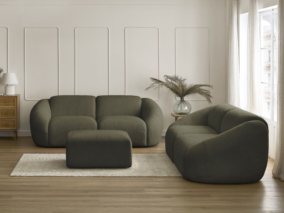 Bobochic Tina Sofa 6-Sitzer mit Pouf Bouclé-Stoff Grün