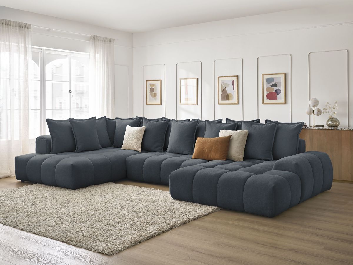 Bobochic Everest Wohnlandschaft, 14 Kissen Strukturstoff Dunkelblau Ecke rechts