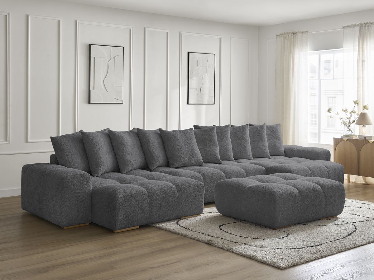 Bobochic Anakin Wohnlandschaft mit Pouf, Liegefläche 137 × 382 cm, 10 Kissen Bouclé-Stoff Dunkelgrau