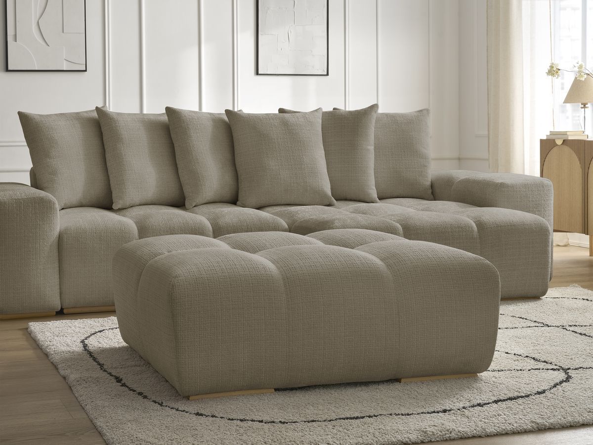 Bobochic Anakin Ecksofa mit Schlaffunktion und Bettkasten und Pouf, 6 Kissen Strukturstoff Taupe