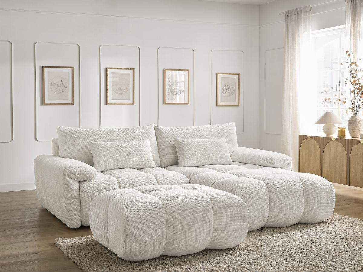 Bobochic Ivane Ecksofa mit Pouf Strukturstoff Weiß Ecke rechts