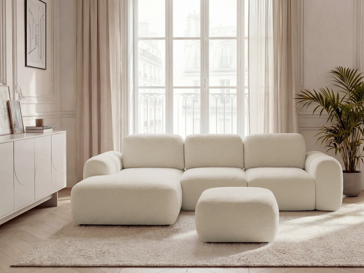 Bobochic Montaigne Ecksofa mit Schlaffunktion und Bettkasten und Pouf 276 × 164 cm Bouclé-Stoff Beige Ecke links
