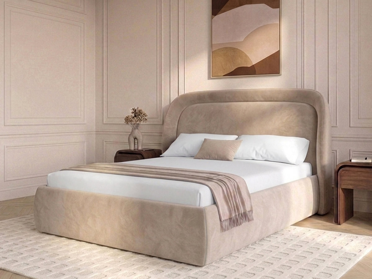 Bobochic Sam Polsterbett mit Bettkasten Samt Beige, Liegefläche 180 × 200 cm