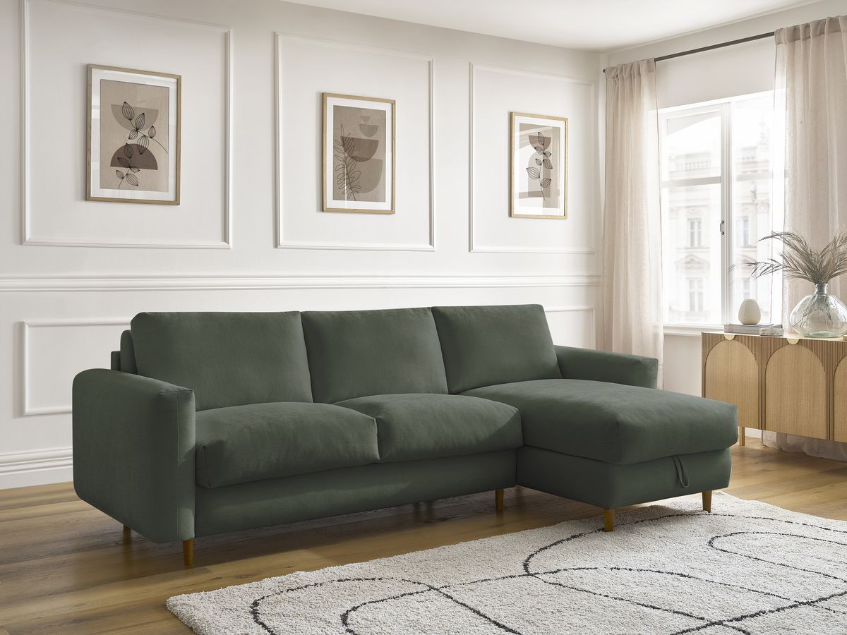 Bobochic Cocoone Ecksofa mit Schlaffunktion und Bettkasten Stoff Grün, Liegefläche 160 × 200 cm