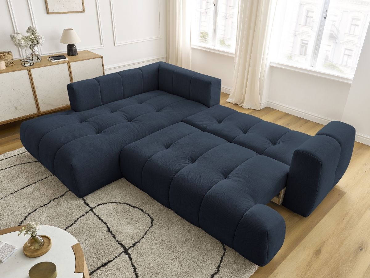 Bobochic Fuji Ecksofa mit Schlaffunktion und Bettkasten 282 × 204 cm Stoff Dunkelblau Ecke links