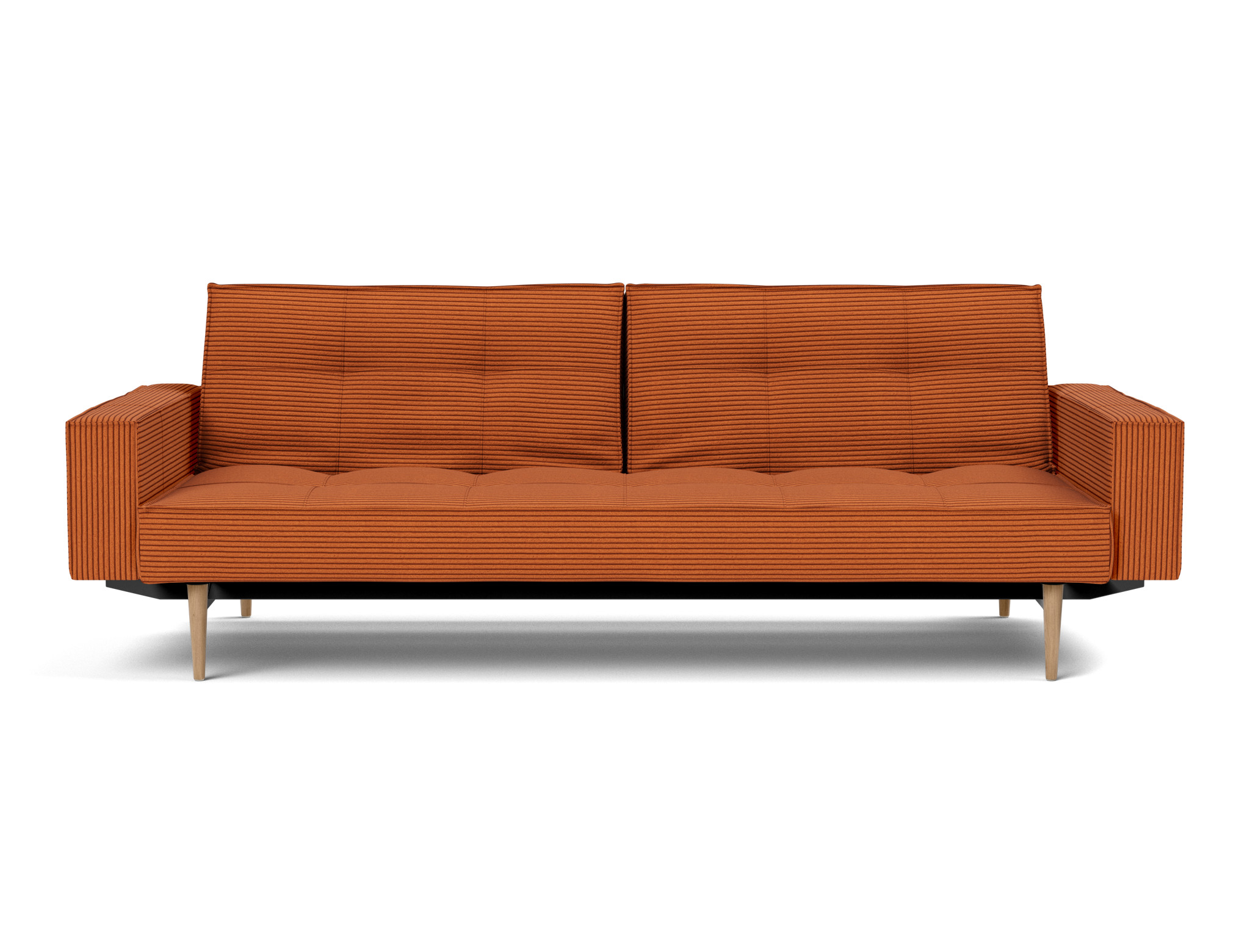 Schlafsofa Splitback mit Armlehnen Kord Corduroy 595-Burnt-Orange Beine Styletto Eiche hell