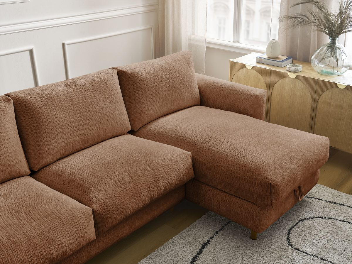 Bobochic Cocoone Ecksofa mit Schlaffunktion und Bettkasten Strukturstoff Orange, Liegefläche 140 × 200 cm