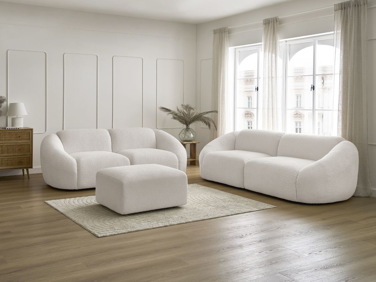 Bobochic Tina Sofa 6-Sitzer mit Pouf Bouclé-Stoff Weiß