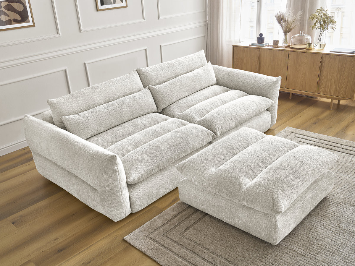 Bobochic Neil Sofa 3-Sitzer mit Pouf Strukturstoff Weiß
