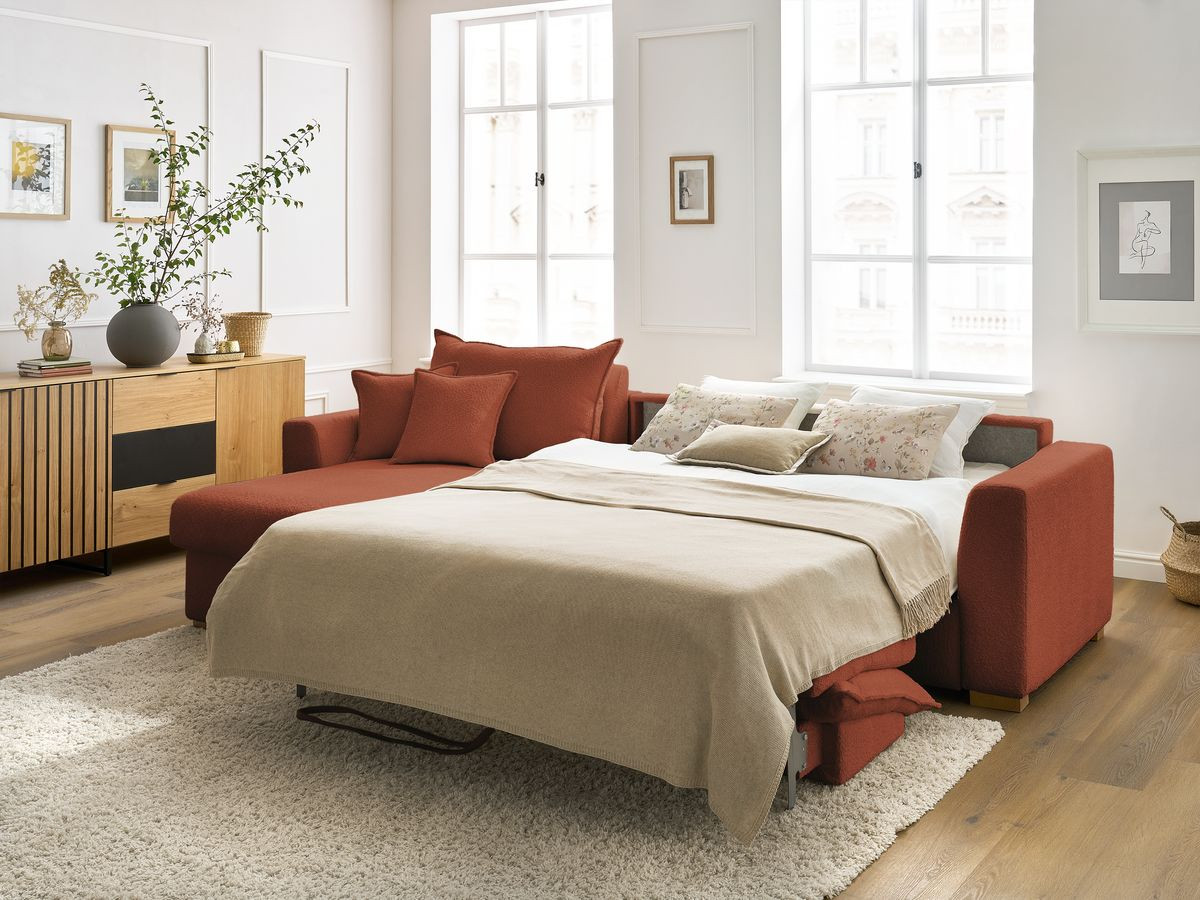 Bobochic Augustin Ecksofa mit Schlaffunktion und Bettkasten Bouclé-Stoff Orange, Liegefläche 140 × 200 cm