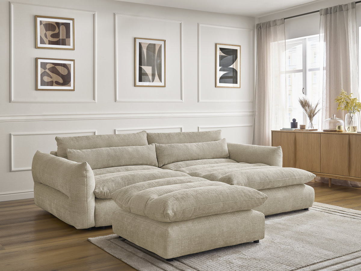 Bobochic Neil Ecksofa mit Pouf Strukturstoff Beige Ecke rechts
