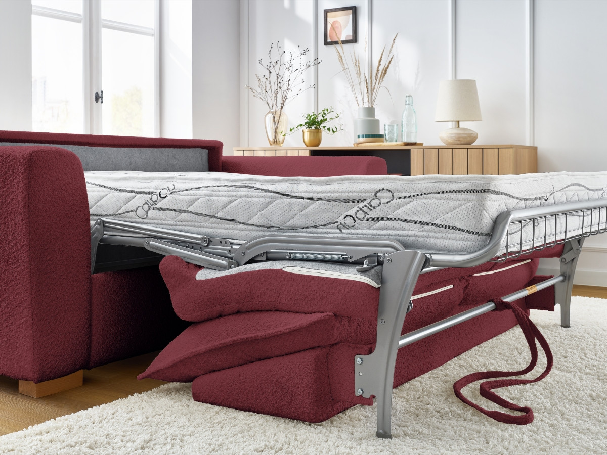 Bobochic Augustin Schlafsofa 3-Sitzer Bouclé-Stoff Rot, Liegefläche 140 × 200 cm