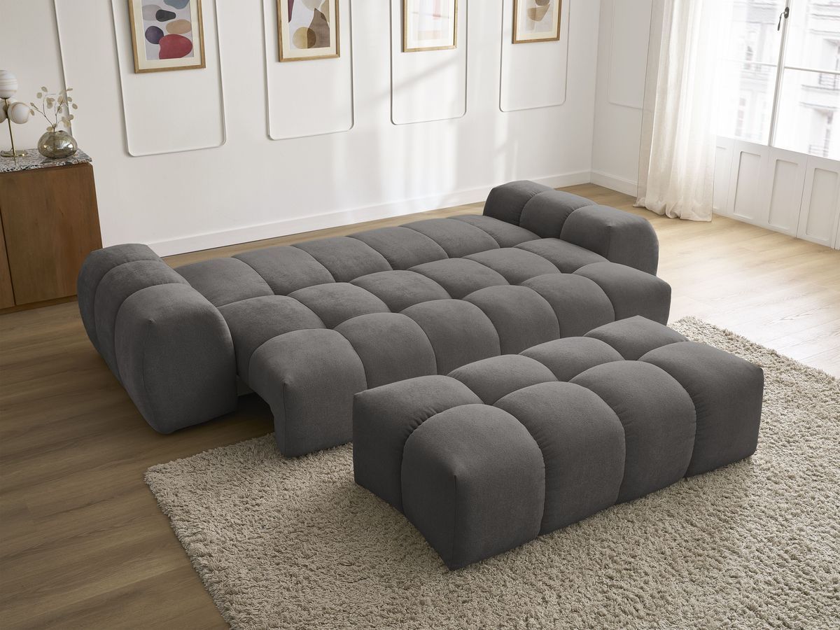 Bobochic Everest Schlafsofa 3-Sitzer mit Bettkasten und Pouf, 5 Kissen Strukturstoff Dunkelgrau