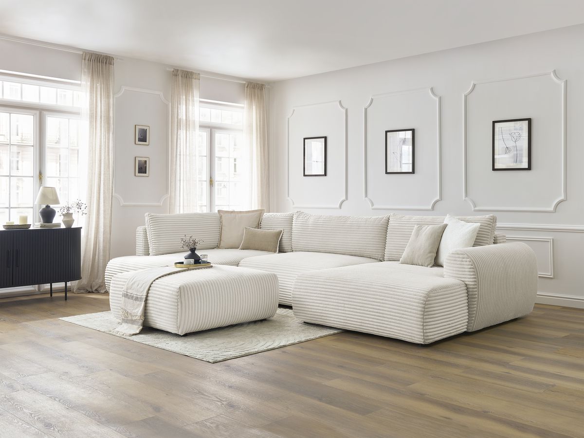 Bobochic Lucien Wohnlandschaft mit Pouf Breitcord weich Beige Ecke rechts