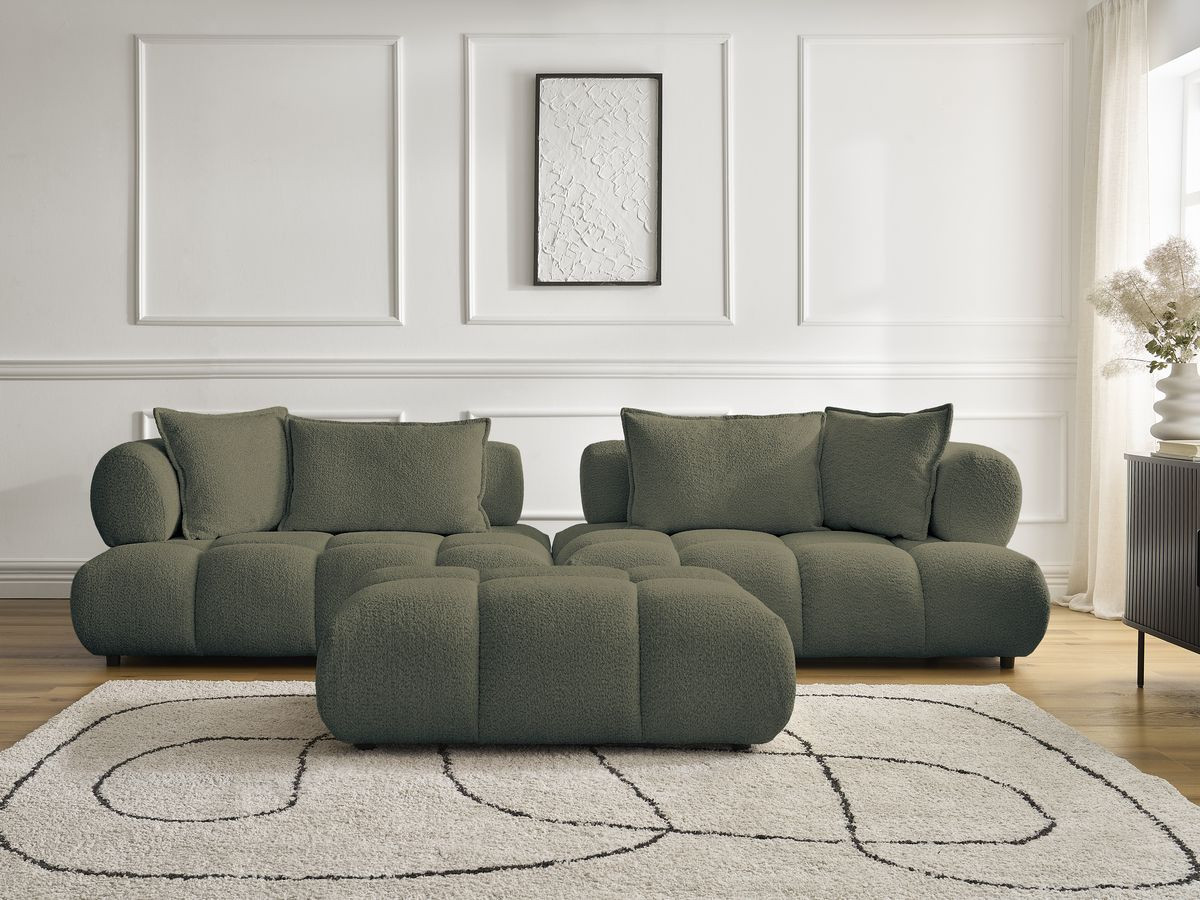 Bobochic Alya Sofa 4-Sitzer mit Pouf Bouclé-Stoff Grün