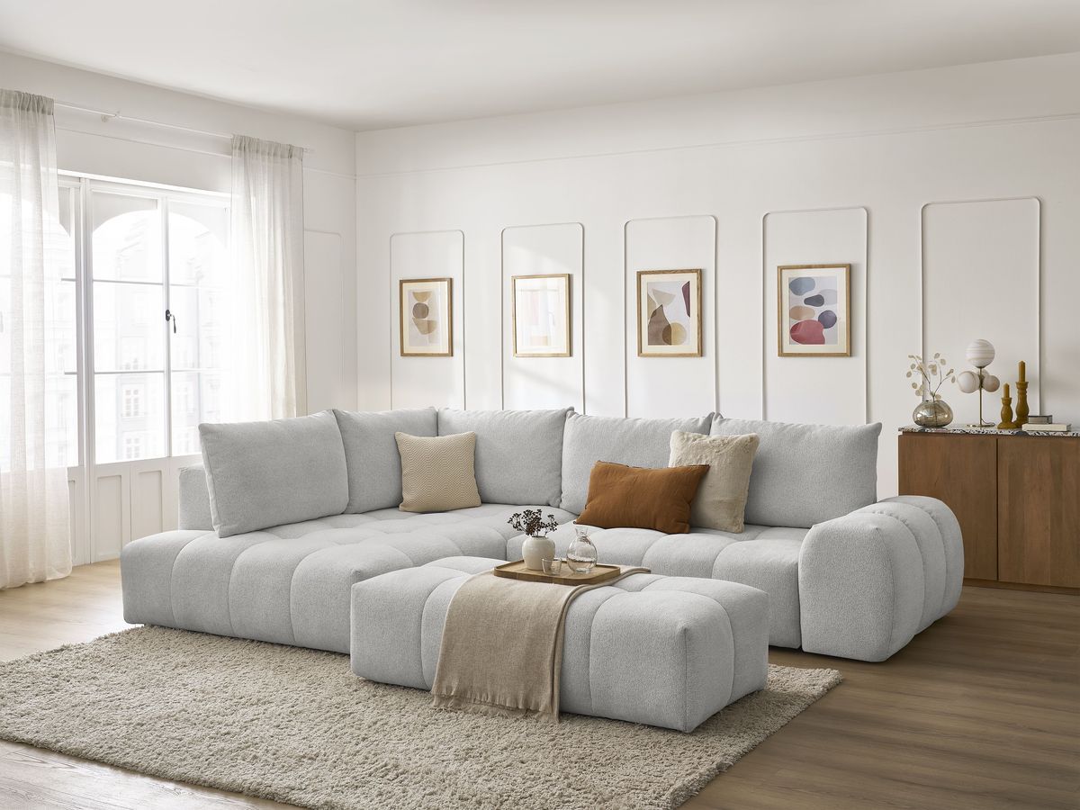 Bobochic Everest Ecksofa mit Schlaffunktion und Bettkasten und Pouf 320 × 212 cm, 5 Kissen Melange-Stoff Hellgrau Ecke links