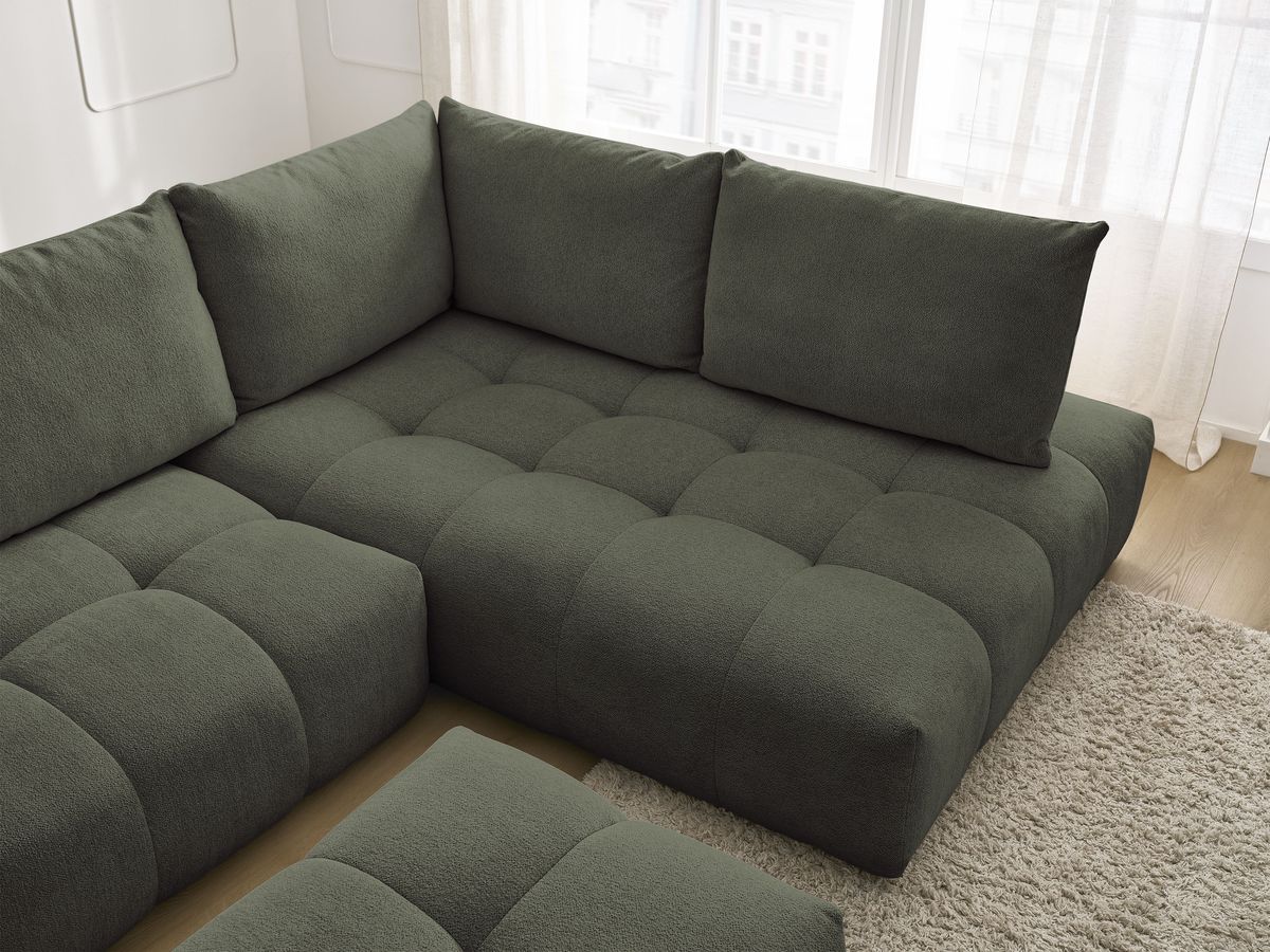 Bobochic Everest Ecksofa mit Schlaffunktion und Bettkasten und Pouf 320 × 212 cm, 5 Kissen Melange-Stoff Grün Ecke rechts