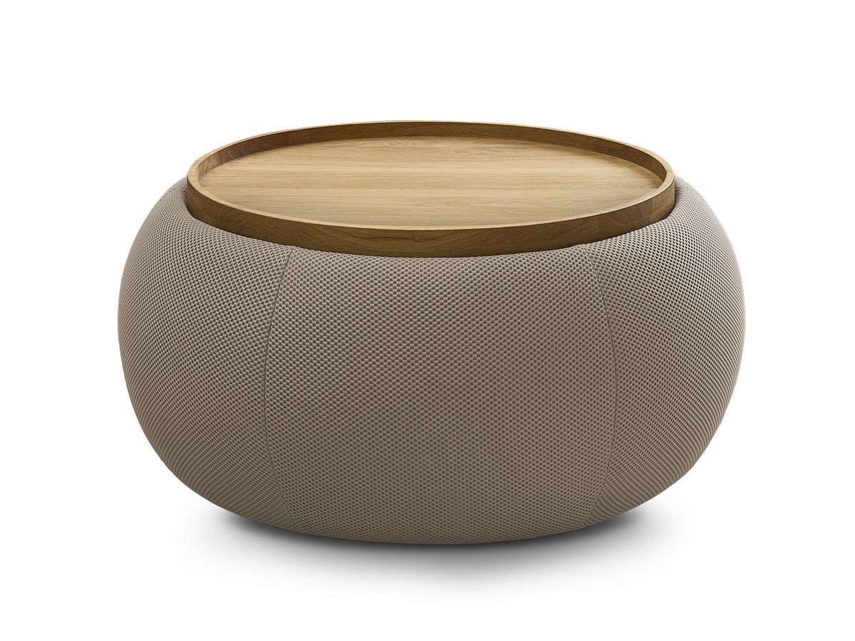 Bobochic Hayden Pouf mit Tablett, rund Mesh-Stoff Taupe, 77 cm