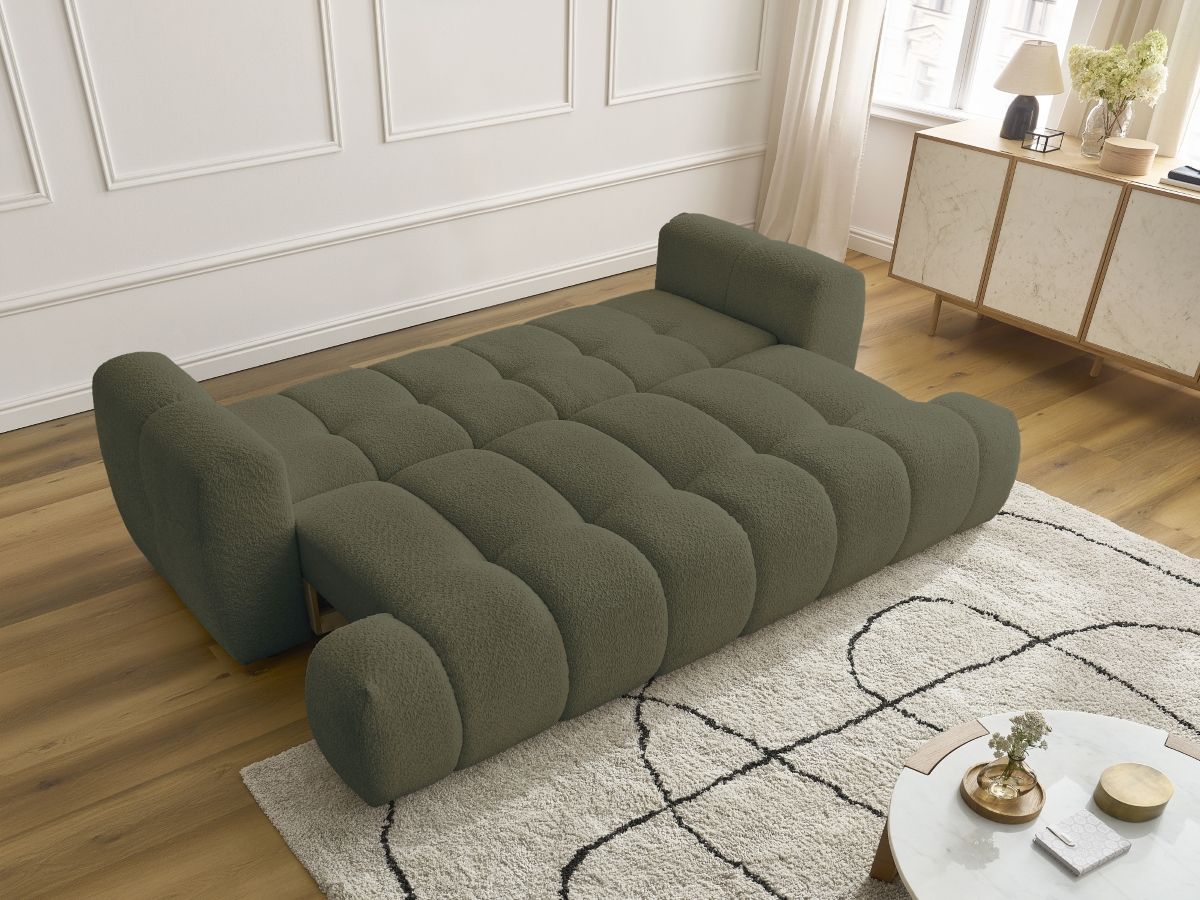 Bobochic Fuji Schlafsofa 3-Sitzer mit Bettkasten Bouclé-Stoff Grün