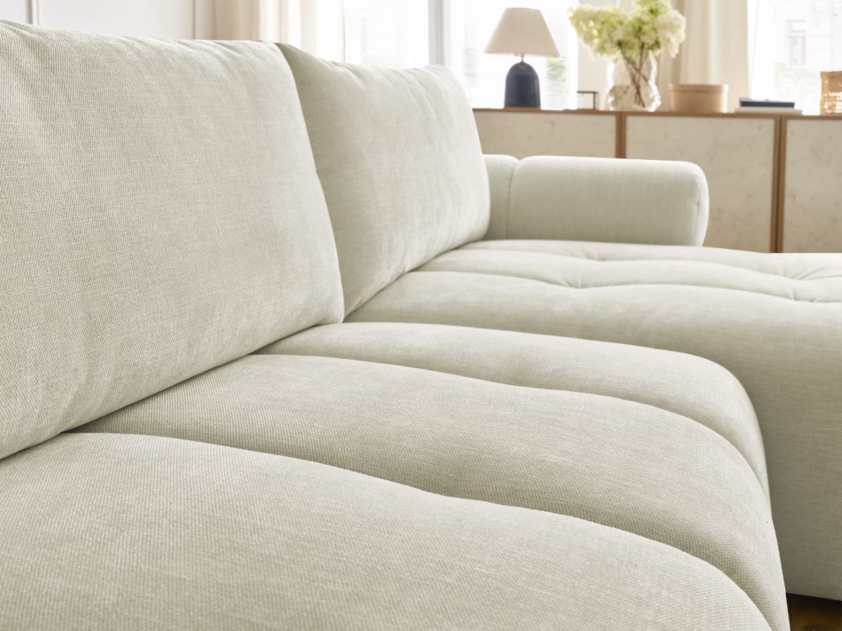 Bobochic Fuji Ecksofa mit Schlaffunktion und Bettkasten und Pouf 292 × 160 cm Stoff Beige Ecke rechts