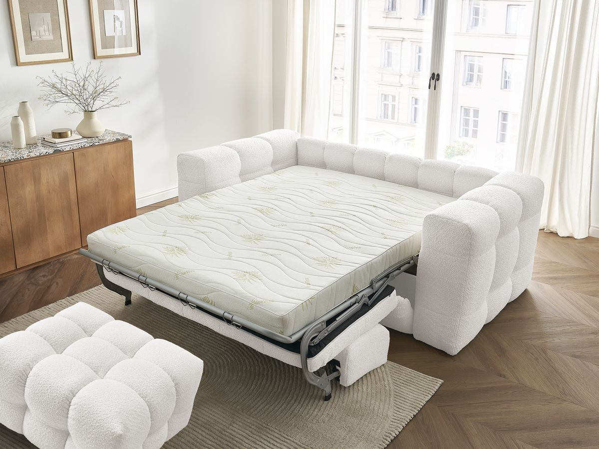 Bobochic Cloud Schlafsofa 3-Sitzer mit Pouf Bouclé-Stoff Weiß