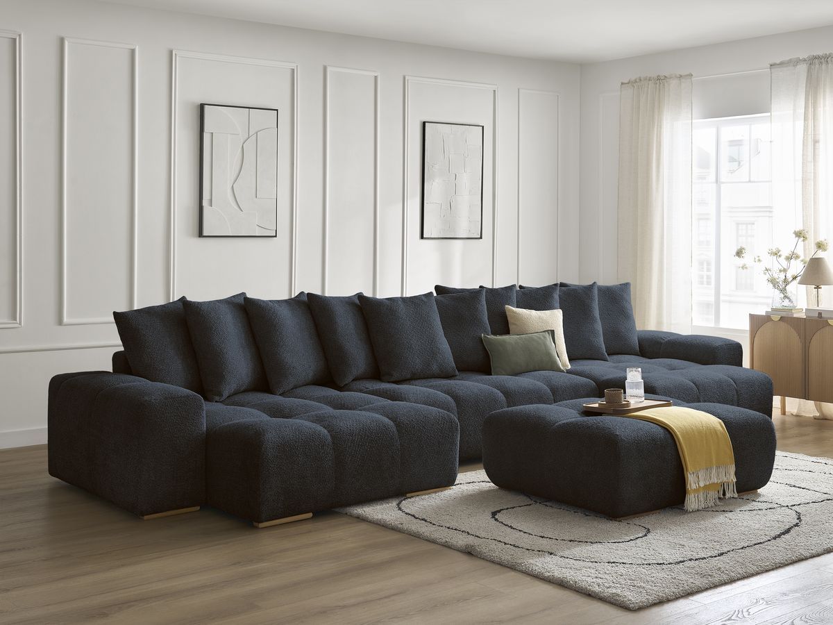 Bobochic Anakin Wohnlandschaft mit Pouf, 10 Kissen Bouclé-Stoff Dunkelblau