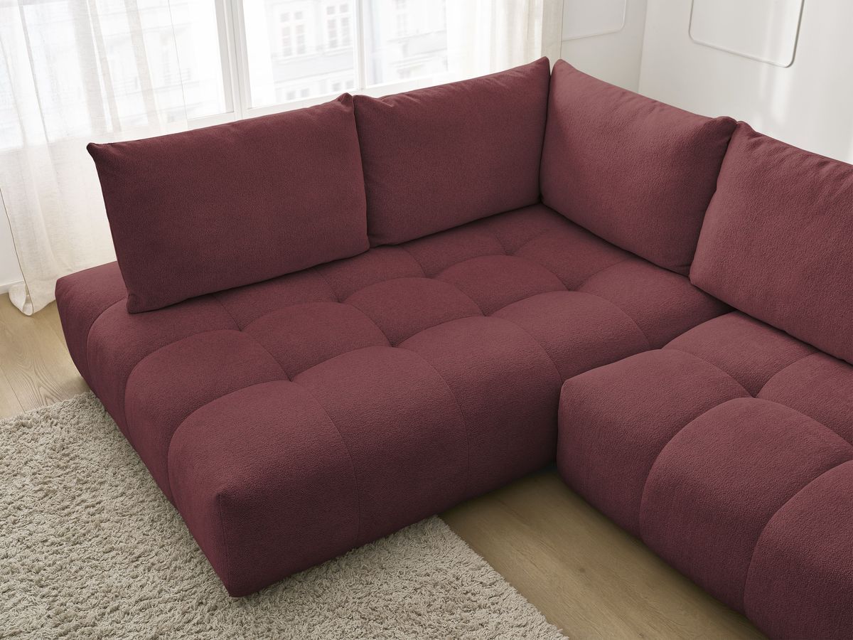 Bobochic Everest Ecksofa mit Schlaffunktion und Bettkasten 320 × 212 cm, 5 Kissen Melange-Stoff Rot Ecke links