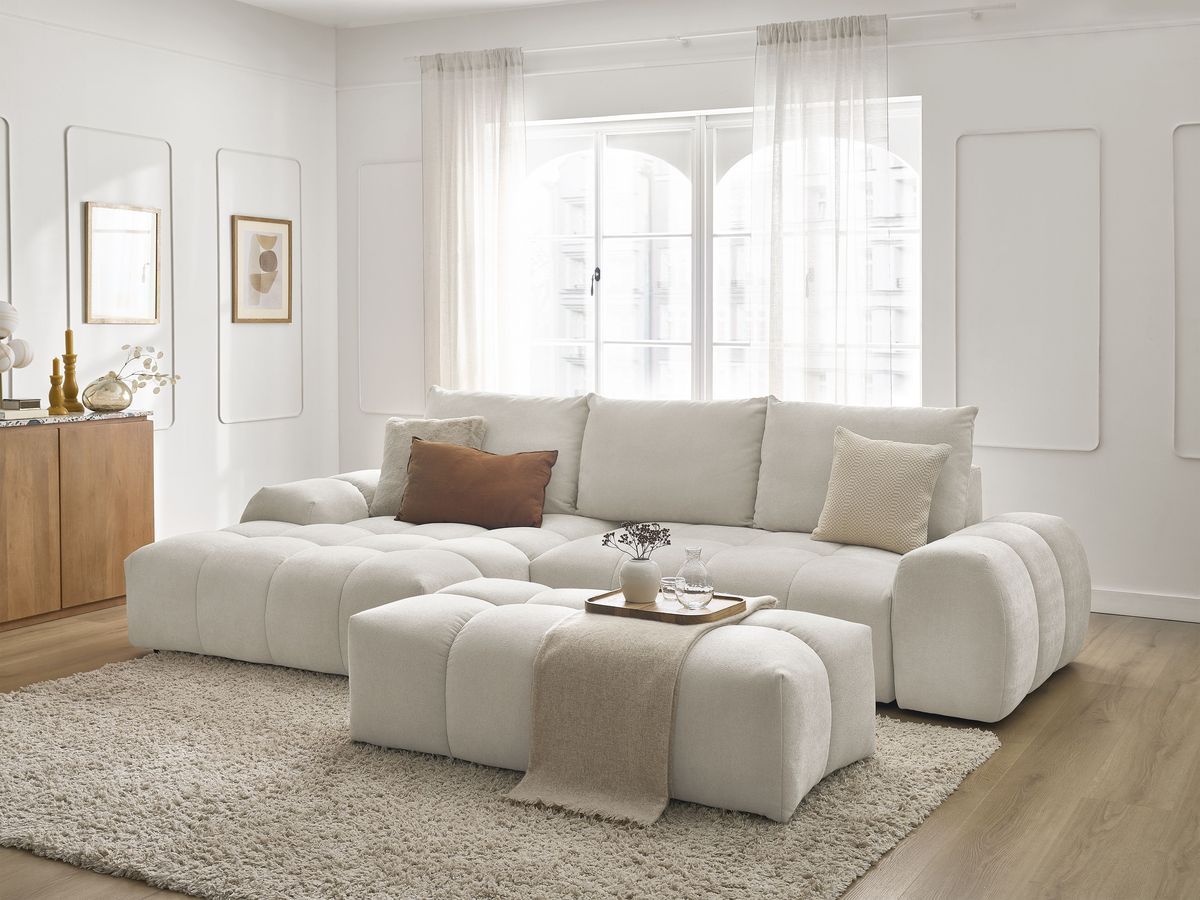 Bobochic Everest Ecksofa mit Schlaffunktion und Bettkasten und Pouf 318 × 180 cm, 3 Kissen Strukturstoff Weiß Ecke links