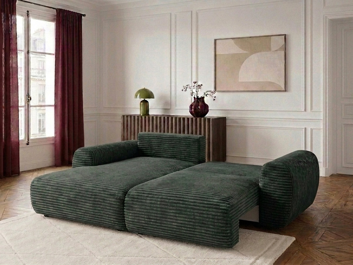 Bobochic Lucien Ecksofa mit Schlaffunktion und Bettkasten Breitcord weich Grün Ecke links