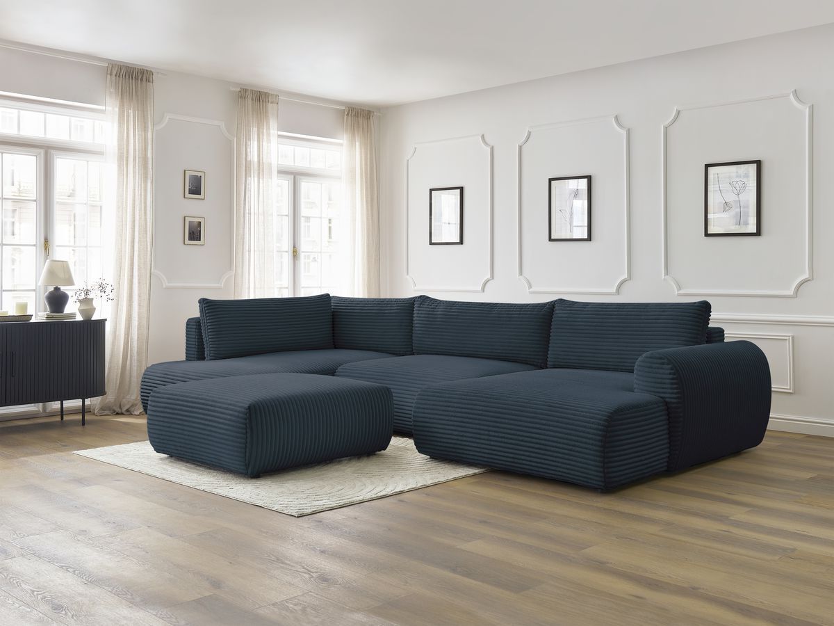 Bobochic Lucien Wohnlandschaft mit Pouf Breitcord weich Dunkelblau Ecke rechts