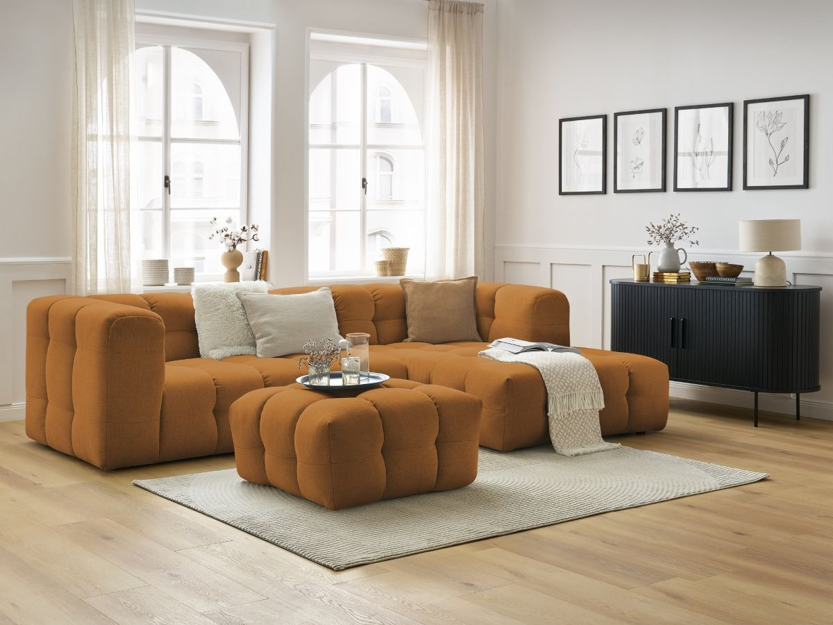 Bobochic Cloud Ecksofa mit Pouf 288 × 184 cm Stoff Gelb Ecke rechts