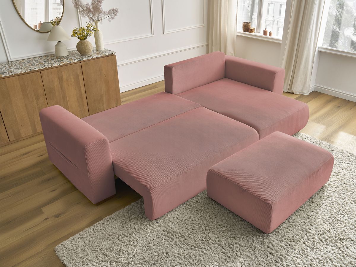 Bobochic Sidonie Ecksofa mit Schlaffunktion und Bettkasten und Pouf Cordsamt Rosa