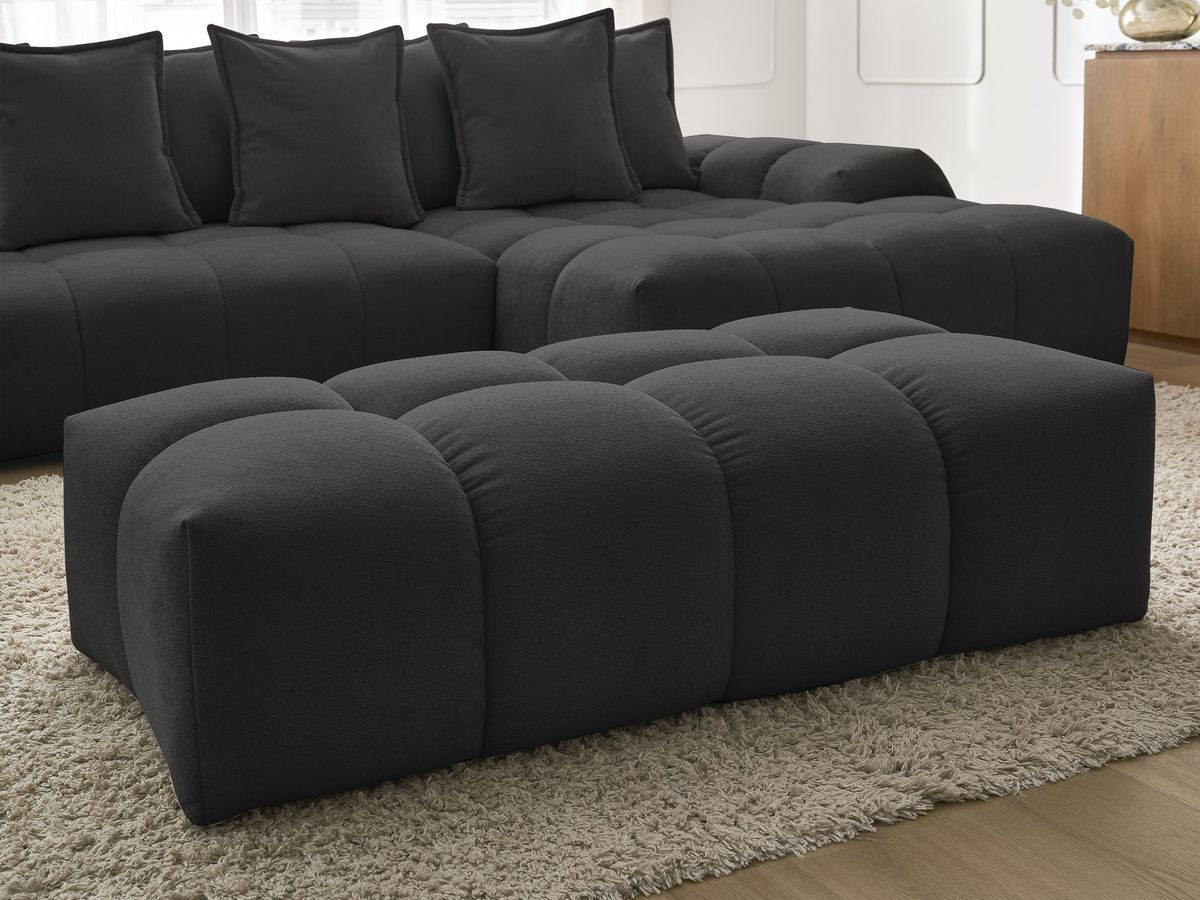 Bobochic Everest Ecksofa mit Schlaffunktion und Bettkasten und Pouf 318 × 180 cm, 7 Kissen Strukturstoff Schwarz Ecke rechts