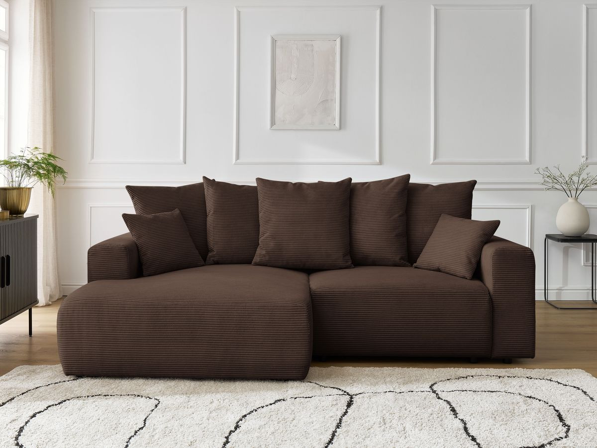 Bobochic Atilla Ecksofa mit Schlaffunktion und Bettkasten Cordsamt Braun Ecke links