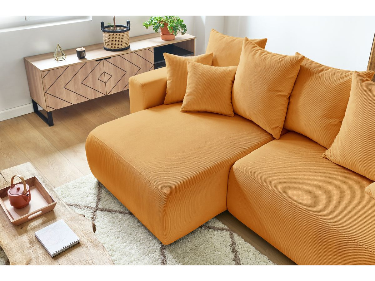 Bobochic Envy Ecksofa mit Schlaffunktion und Bettkasten und Pouf Cordsamt Gelb