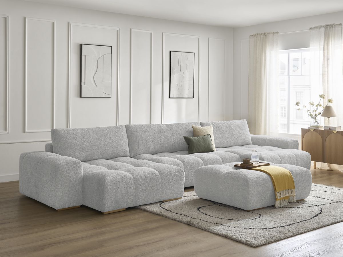 Bobochic Anakin Wohnlandschaft mit Pouf, Liegefläche 137 × 382 cm, 3 Kissen Bouclé-Stoff Hellgrau