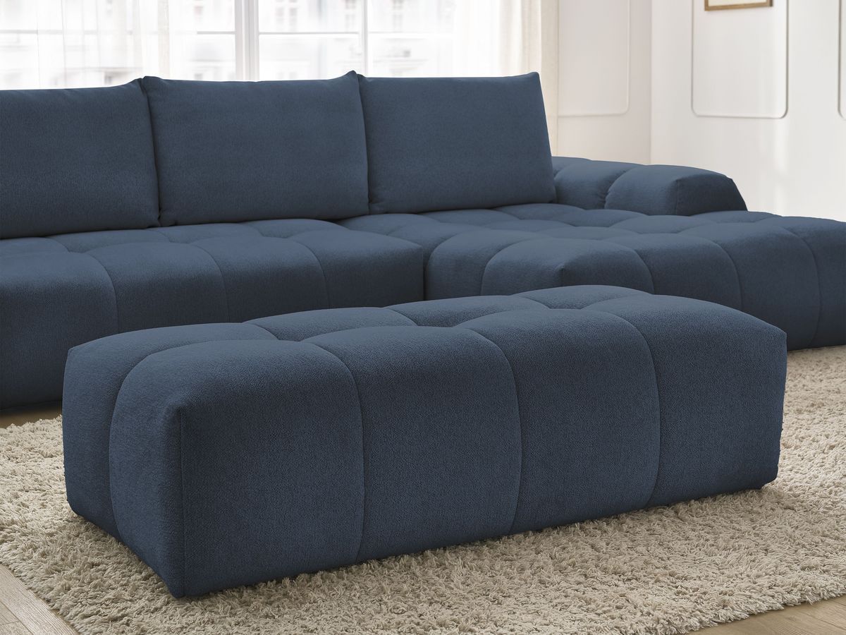 Bobochic Everest Ecksofa mit Schlaffunktion und Bettkasten und Pouf 318 × 180 cm, 3 Kissen Melange-Stoff Dunkelblau Ecke rechts