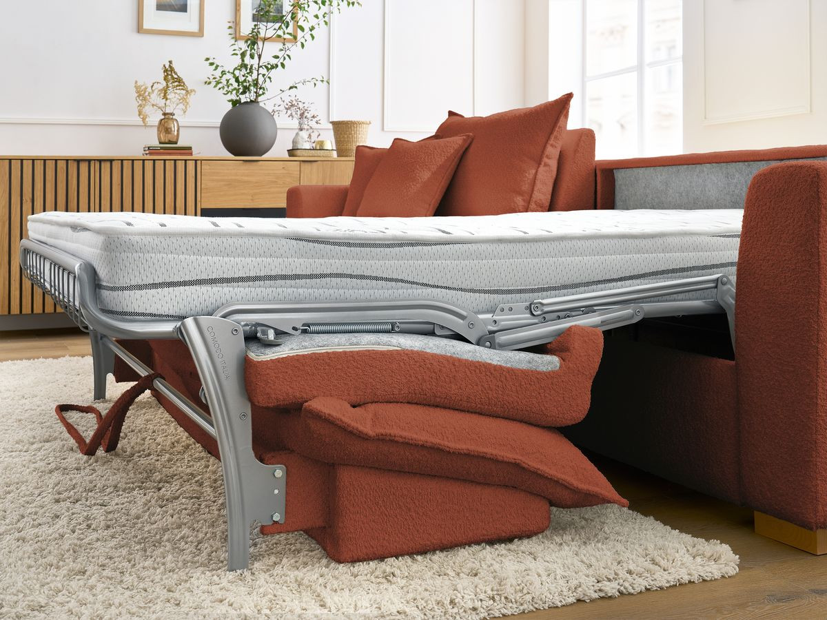 Bobochic Augustin Ecksofa mit Schlaffunktion und Bettkasten Bouclé-Stoff Orange, Liegefläche 160 × 200 cm