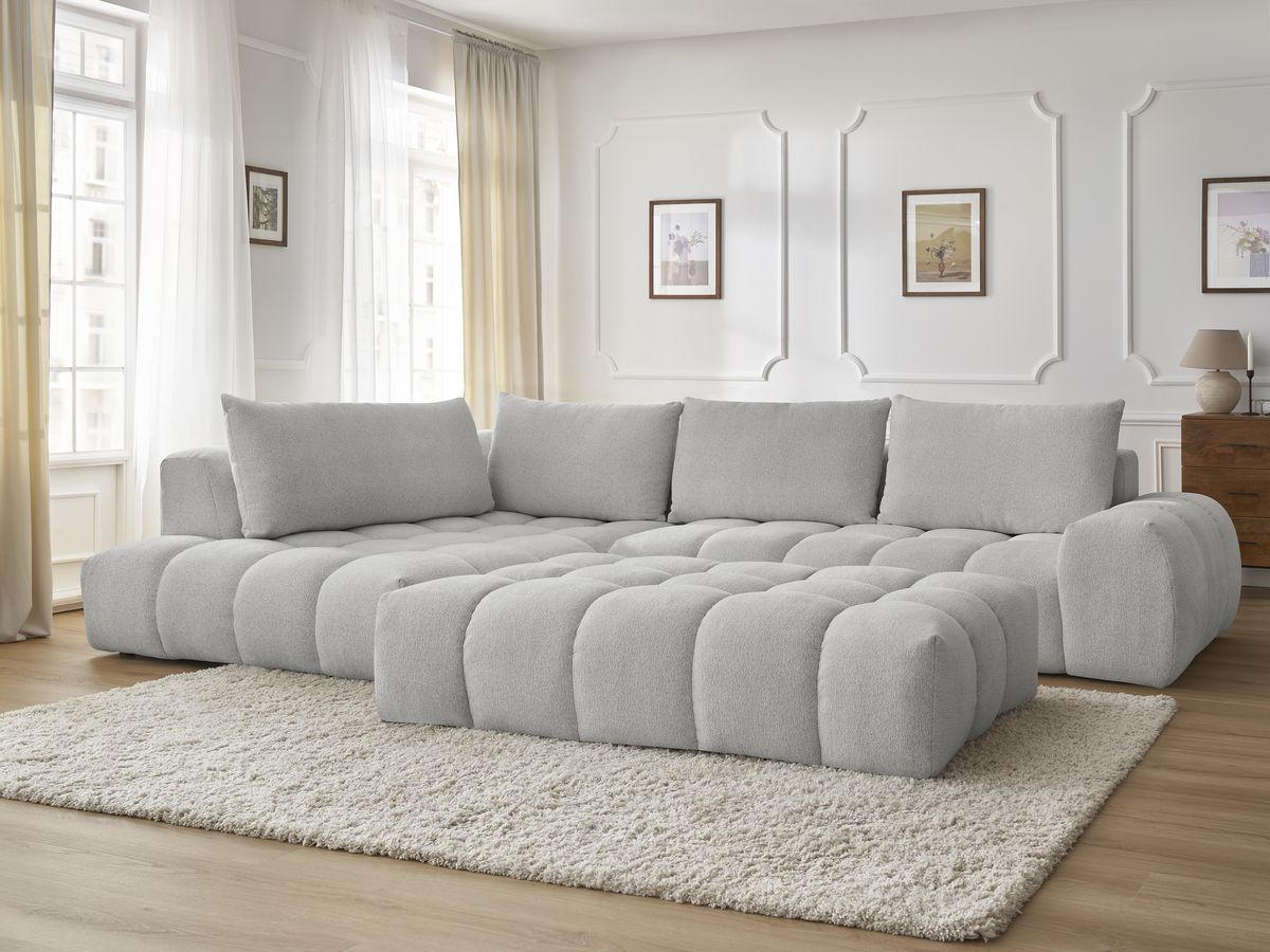 Bobochic Everest Ecksofa mit Schlaffunktion und Pouf, 4 Kissen Melange-Stoff Hellgrau Ecke links