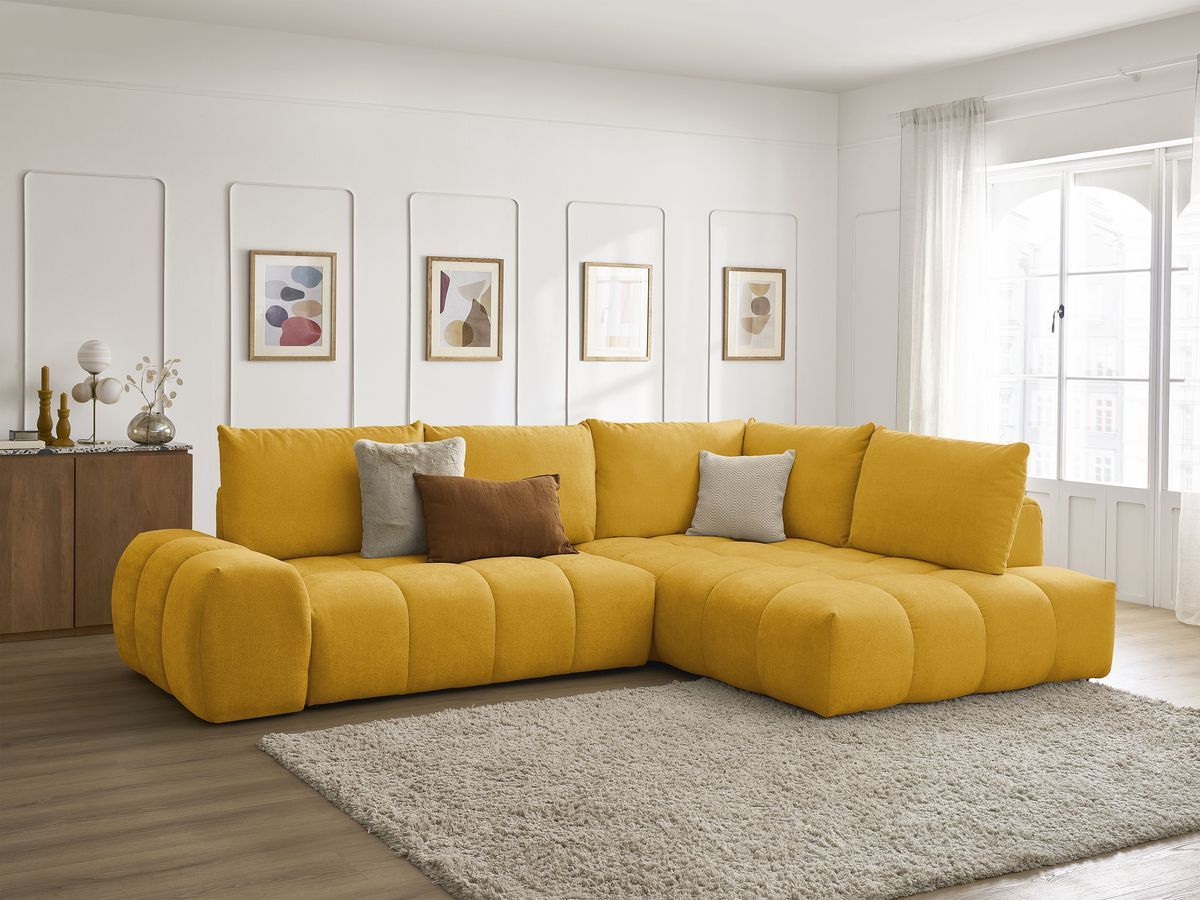 Bobochic Everest Ecksofa mit Schlaffunktion und Bettkasten 320 × 212 cm, 5 Kissen Strukturstoff Gelb Ecke rechts