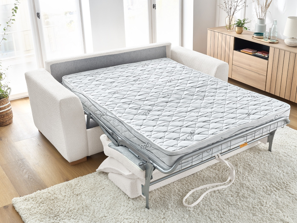 Bobochic Augustin Schlafsofa 3-Sitzer Bouclé-Stoff Weiß, Liegefläche 140 × 200 cm
