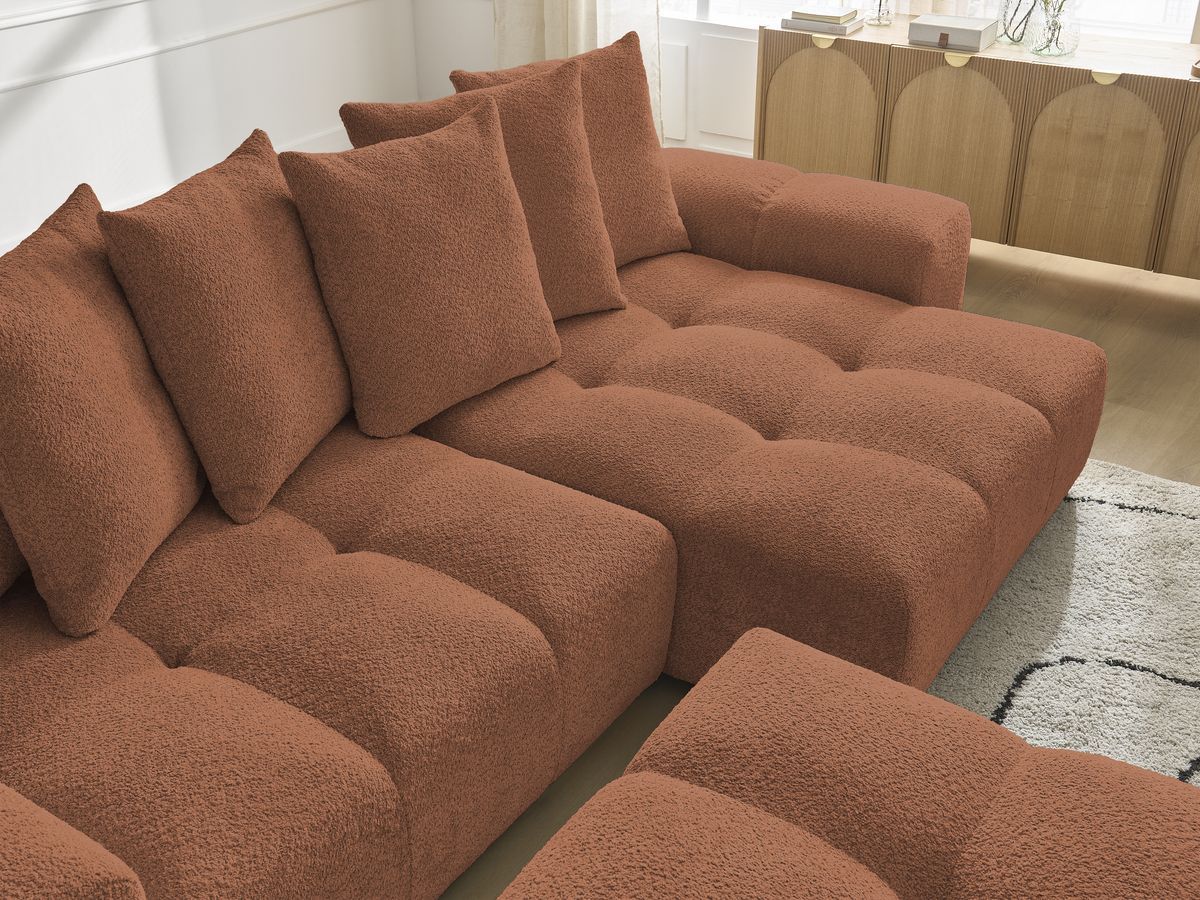 Bobochic Anakin Ecksofa mit Pouf, 6 Kissen Bouclé-Stoff Orange