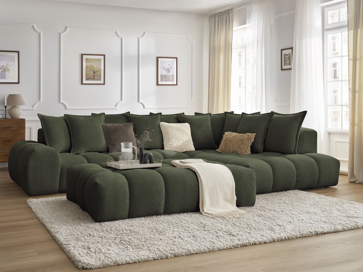 Bobochic Everest Ecksofa mit Schlaffunktion und Pouf, 10 Kissen Melange-Stoff Grün Ecke rechts