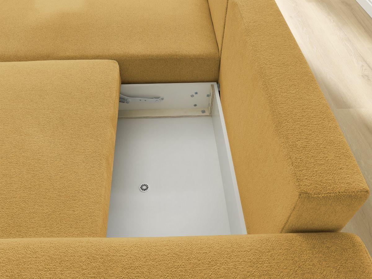 Bobochic Atilla Ecksofa mit Schlaffunktion und Bettkasten Melange-Stoff Gelb Ecke links