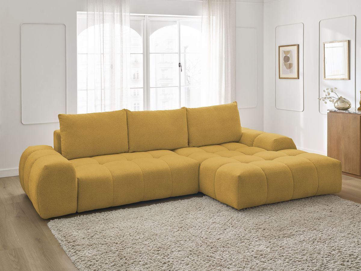 Bobochic Everest Ecksofa mit Schlaffunktion und Bettkasten 318 × 180 cm, 3 Kissen Melange-Stoff Gelb Ecke rechts