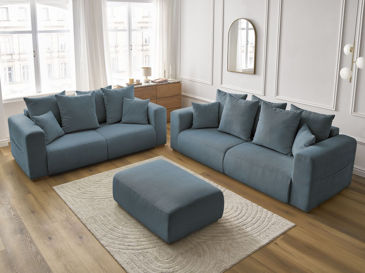 Bobochic Sidonie Sofa 6-Sitzer mit Pouf Cordsamt Dunkelblau