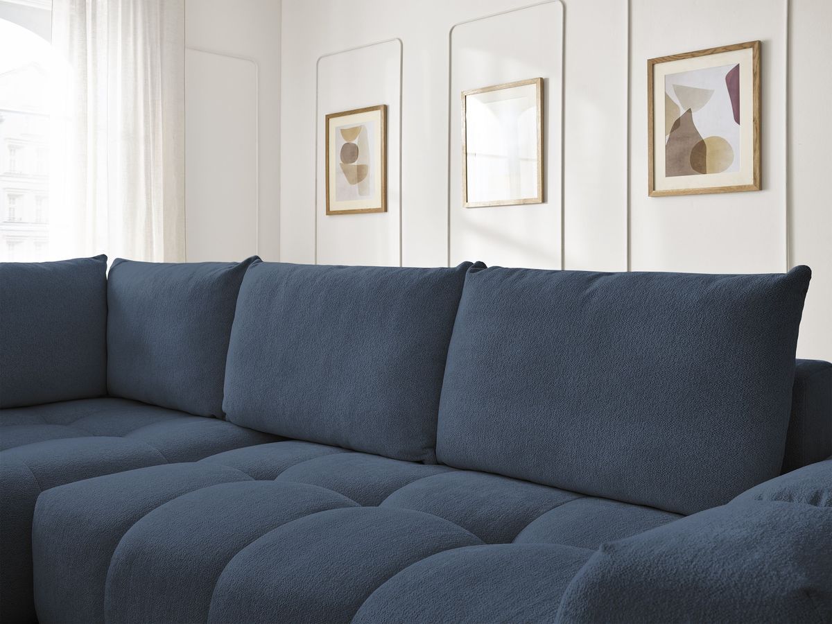 Bobochic Everest Ecksofa mit Schlaffunktion und Bettkasten 320 × 212 cm, 5 Kissen Melange-Stoff Dunkelblau Ecke links