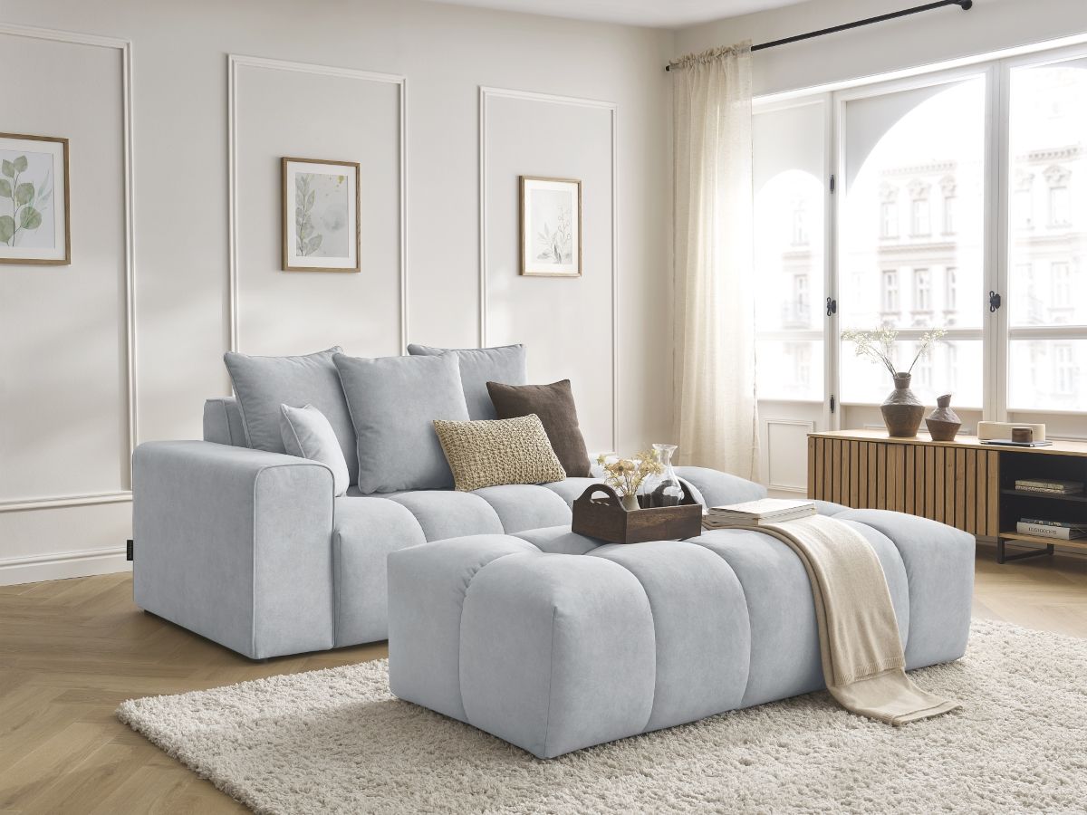 Bobochic Mont-blanc Sofa 5-Sitzer mit Pouf Samt Hellgrau Armlehne links